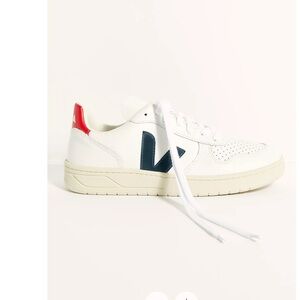 Veja V-10 White Leather Sneakers with Navy V and Red Heel Accent